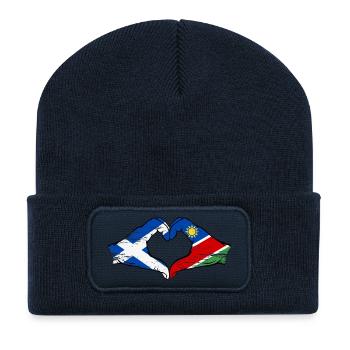 Drapeau de l'Écosse et de la Namibie, mains en forme de cœur, utilisé - Beanie recyclé à patch - bleu marine - Devant