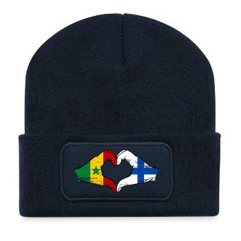 Sénégal Finlande Drapeau Mains Coeur Forme - Beanie recyclé à patch - bleu marine - Devant