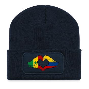 Sénégal Colombie Drapeau Mains Coeur Forme Utilisé - Beanie recyclé à patch - bleu marine - Devant