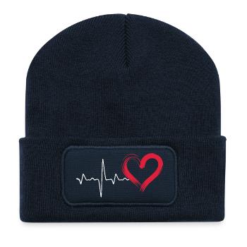 Ligne de battement de cœur avec cœur rouge - Beanie recyclé à patch - bleu marine - Devant