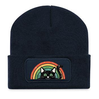 Black Cat in Rainbow Retro Rainbow Cats - Recycled Patch Beanie - french navy - Front