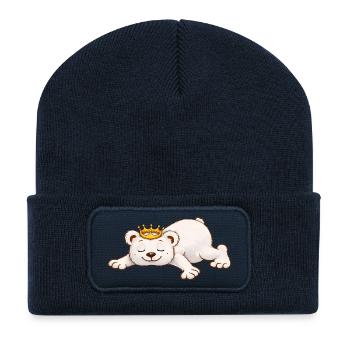 Ours endormi avec couronne – Motif d’animal mignon - Beanie recyclé à patch - bleu marine - Devant
