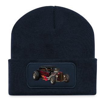 Flammenhotrod mit Chrommotor - Recycelte Patch Beanie - French Navy - Vorne