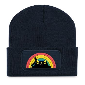 Katze Regenbogen Silhouette - Recycelte Patch Beanie - French Navy - Vorne