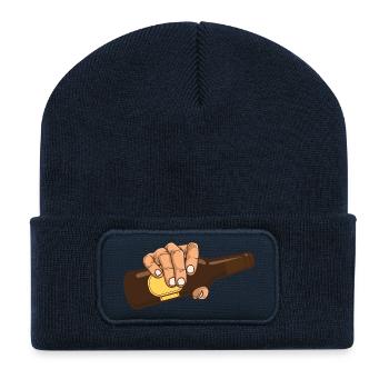 La main avec une bouteille brune de bière - Beanie recyclé à patch - bleu marine - Devant