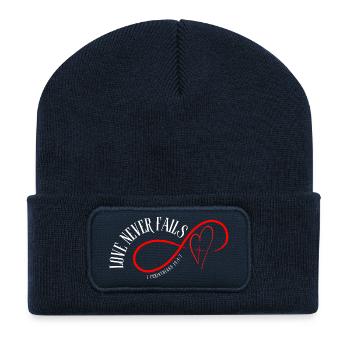 Love Never Fails – 1 Corinthians 13:4-7 - Recycled Patch Beanie - french navy - Front