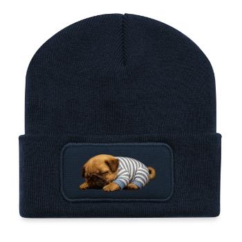 Niedlicher schlafender Welpe im Schlafanzug - Recycelte Patch Beanie - French Navy - Vorne