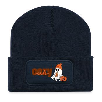 Cozy Reader Halloween Ghost mit Kürbis und Mütze - Recycelte Patch Beanie - French Navy - Vorne