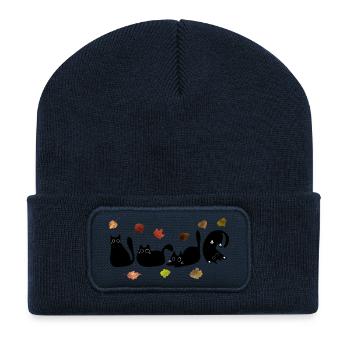 Dessin au trait de chat fantaisiste avec des feuilles d’automne - Beanie recyclé à patch - bleu marine - Devant