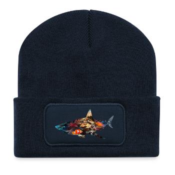 Coral Reef Shark Fish Silhouette - Recycled Patch Beanie - french navy - Front