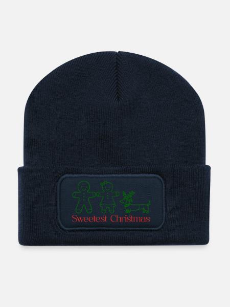 Noël – Famille en pain d’épices avec teckel (vert) - Beanie recyclé à patch - bleu marine