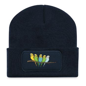 Famille colorée de perruches ondulées sur la branche - Beanie recyclé à patch - bleu marine - Devant