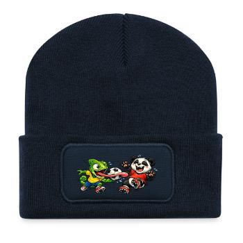 Chamäleon-Frosch und Panda Fußball-Cartoon-T-Shirt - Recycelte Patch Beanie - French Navy - Vorne