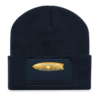 Goldene Sonne mit Surfbrett und Meer Wellen Surfer - Recycelte Patch Beanie - French Navy - Vorne