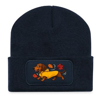 Herbst Dackel in Gelber Regenjacke - Recycelte Patch Beanie - French Navy - Vorne