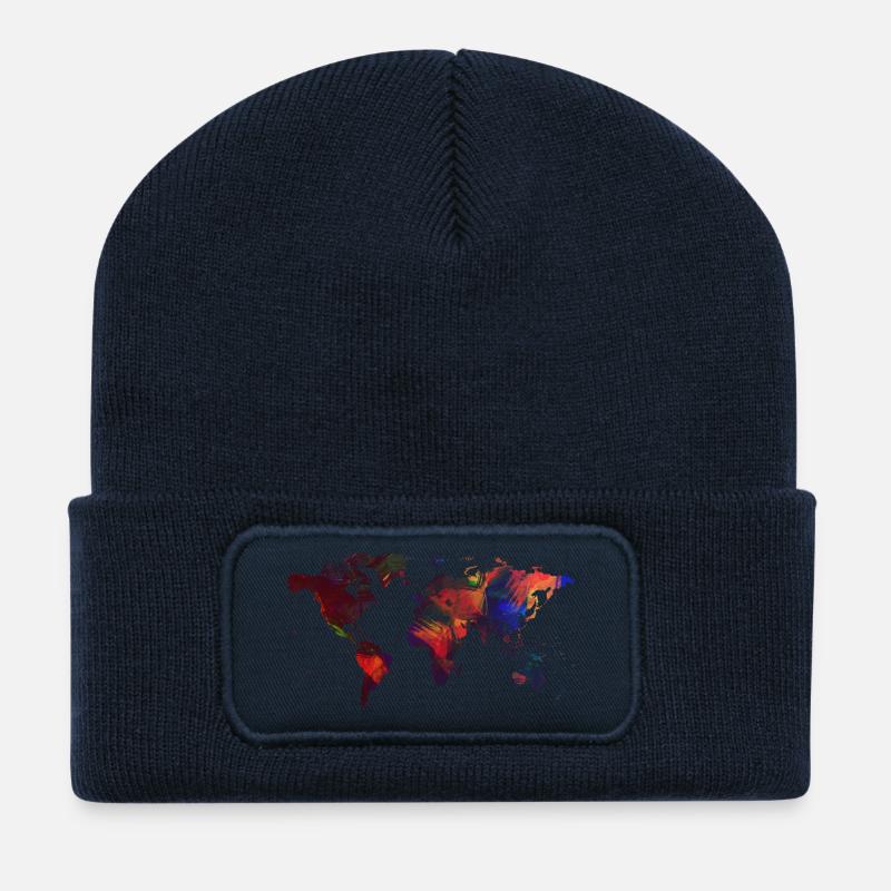 Weltkarte gemalt - Recycelte Patch Beanie - French Navy