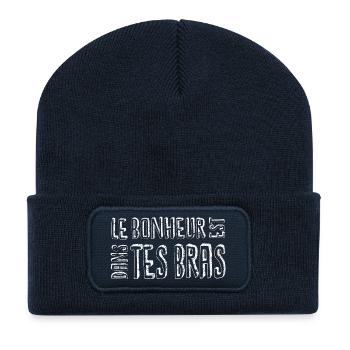 Le bonheur est dans tes bras - Beanie recyclé à patch - bleu marine - Devant