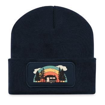 Retro Sonne Wohnwagen Wohnmobil Caravan Camping - Recycelte Patch Beanie - French Navy - Vorne