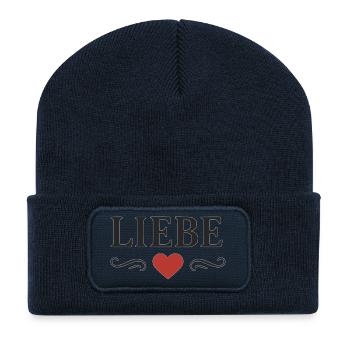 Liebe Schriftzug mit rotem Herz  - Recycelte Patch Beanie - French Navy - Vorne