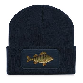 Realistischer Flussbarsch Fisch Vektor - Recycelte Patch Beanie - French Navy - Vorne