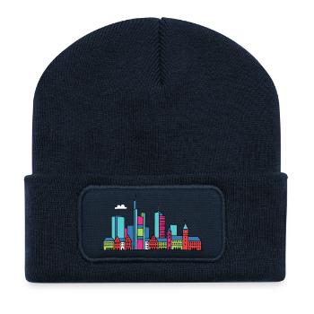 Frankfurter Stadtsilhouette Mainhattan Linienkunst - Recycelte Patch Beanie - French Navy - Vorne