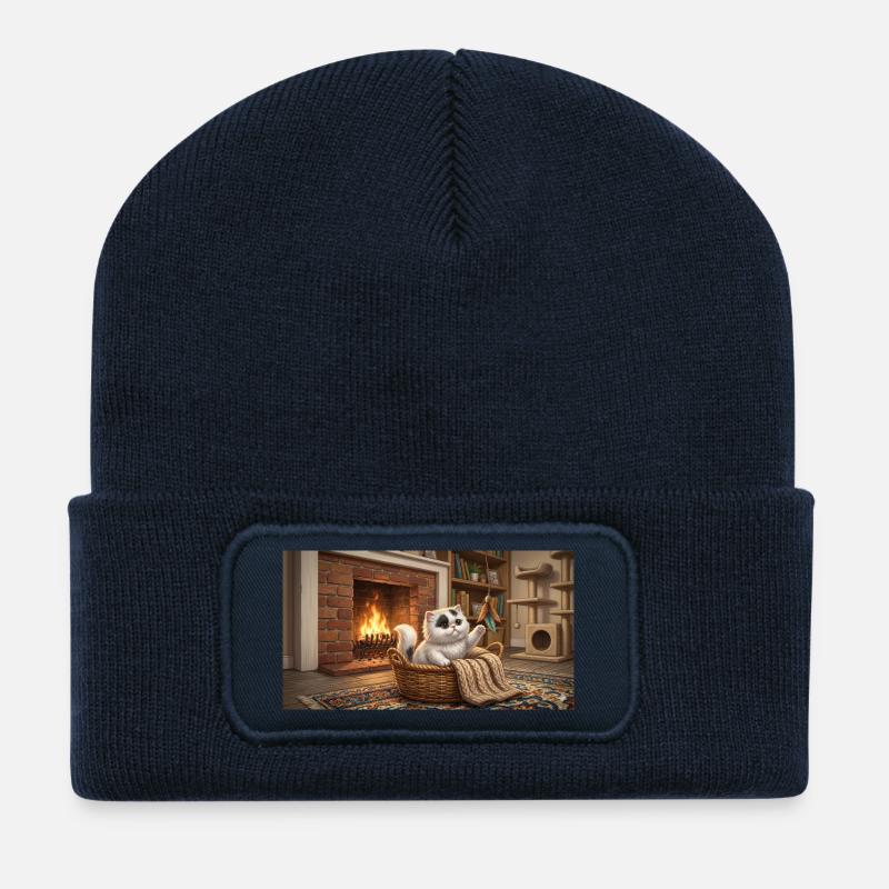 Gemütliche Katze im Korb am Kamin - Recycelte Patch Beanie - French Navy