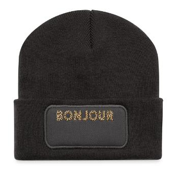The Word Bonjour Leopard in French France - Recycelte Patch Beanie - Dunkelgrau - Vorne