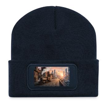 Time Travel: Retro Steam Train and Futuristic City - Recycled Patch Beanie - french navy - Front