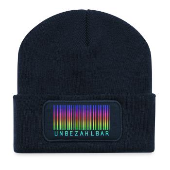 Barcode Regenbogen "UNBEZAHLBAR"  - Recycelte Patch Beanie - French Navy - Vorne