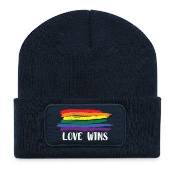 L’amour remporte le t-shirt LGBTQ de la fierté arc-en-ciel - Beanie recyclé à patch - bleu marine - Devant