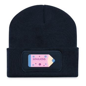 Colored Pencil Pink Light Blue Small Flowers - School Child - Recycled Patch Beanie - french navy - Front