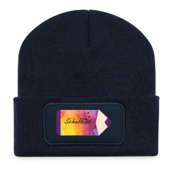 Schulkind Stift Aquarell lila gelb Schmetterlinge - Recycelte Patch Beanie - French Navy - Vorne