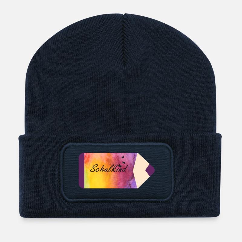 Schulkind Stift Aquarell lila gelb Schmetterlinge - Recycelte Patch Beanie - French Navy