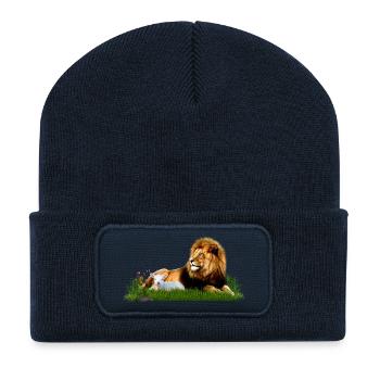Lion et agneau dans une prairie d’herbe - Beanie recyclé à patch - bleu marine - Devant