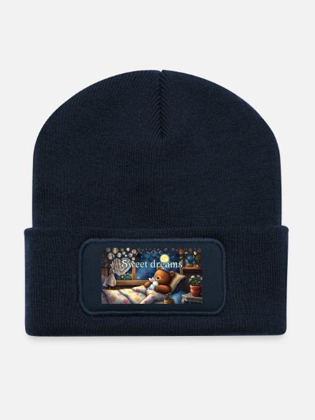 Süße Träume schlafender Bär mit Kuscheltier - Recycelte Patch Beanie - French Navy