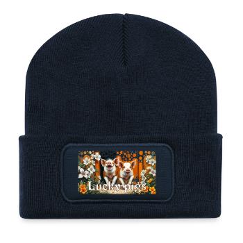 Two Pigs in Happiness Lucky Pig Couple - Recycled Patch Beanie - french navy - Front