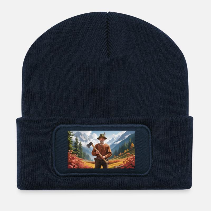 Holzfäller mit Axt in Herbstlandschaft - Recycelte Patch Beanie - French Navy