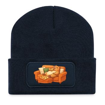 Capybara Sofa Pizza entspanntes Relax Motiv - Recycelte Patch Beanie - French Navy - Vorne