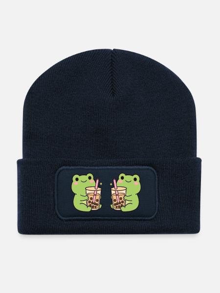 Kawaii Bubble T-Frogs – cute frog duo (minimal) - Recycled Patch Beanie - french navy
