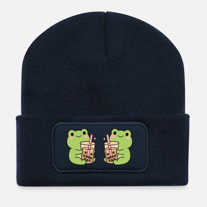 Kawaii Bubble T-Frogs – cute frog duo (minimal) - Recycled Patch Beanie - french navy