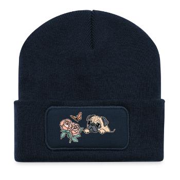 Mops mit Schmetterling - Recycelte Patch Beanie - French Navy - Vorne