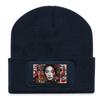 Japanische Art Punk Collage Portrait Kunst Frau - Recycelte Patch Beanie - French Navy - Vorne