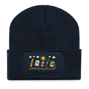 Fröhliche Schulsachen auf dem Schulweg - Recycelte Patch Beanie - French Navy - Vorne