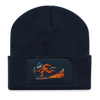Cartoon-Figur Wolf auf feurigem Skateboard - Recycelte Patch Beanie - French Navy - Vorne
