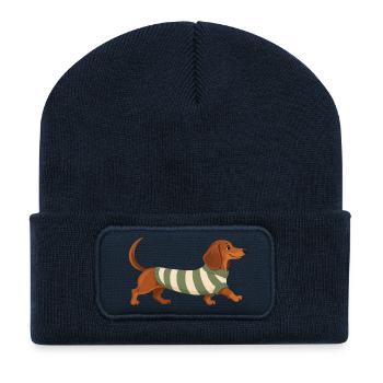 Dackel im Streifenpullover - Recycelte Patch Beanie - French Navy - Vorne