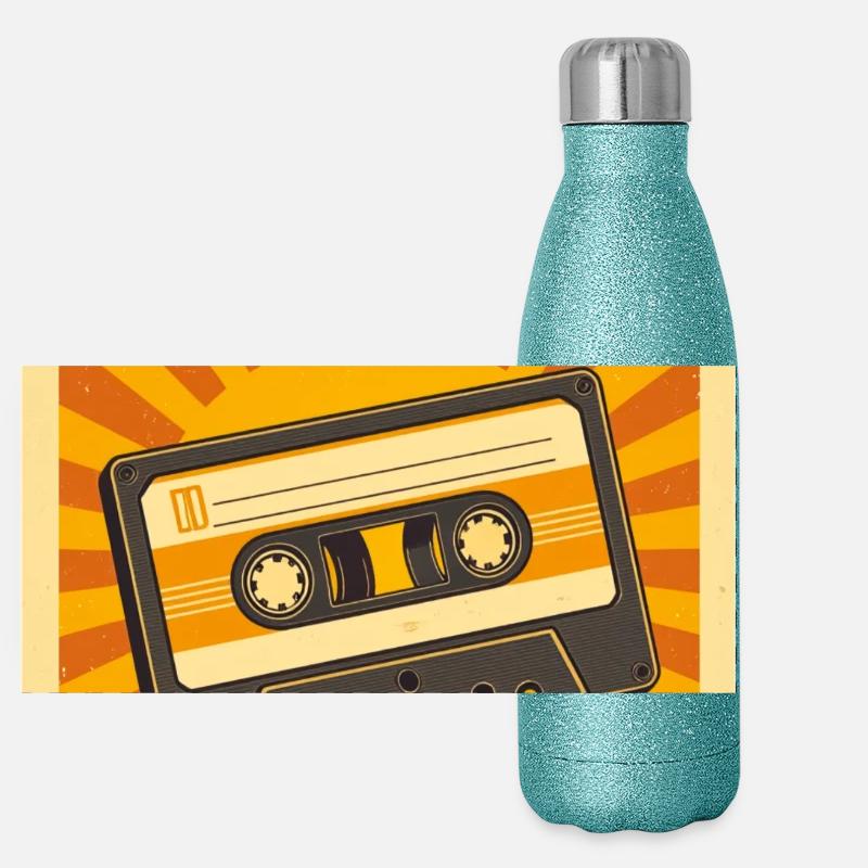 Retro-Mixtape-Illustration mit warmen Siebzigern Panorama Glitzer Isolierflasche 500 ml