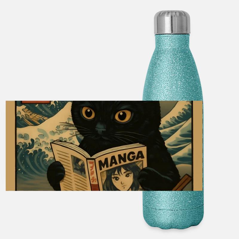 Cat read Manga eating Ramen Wave Panoramic Glitter Thermal Bottle 500 ml