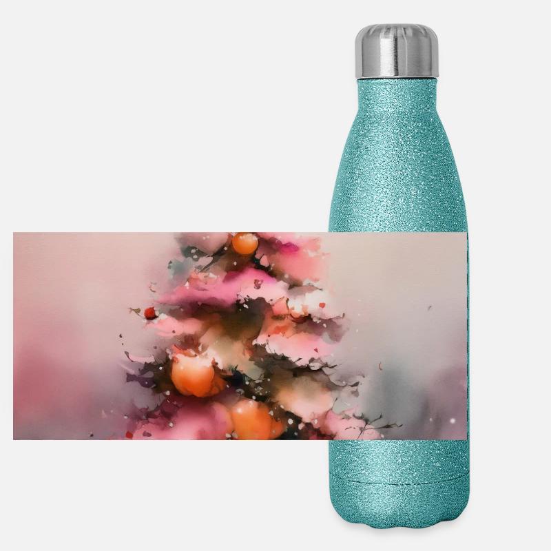 Watercolor pastel Christmas tree Panoramic Glitter Thermal Bottle 500 ml