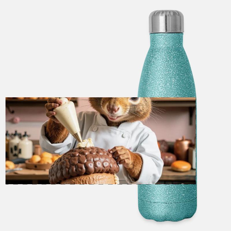 Chef écureuil humanoïde avec gâteau au chocolat Gourde isotherme panoramique pailletée 500 ml