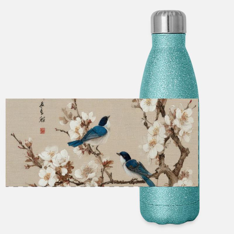 Harmonie de la Fleur et des Oiseaux Bleus Gourde isotherme panoramique pailletée 500 ml